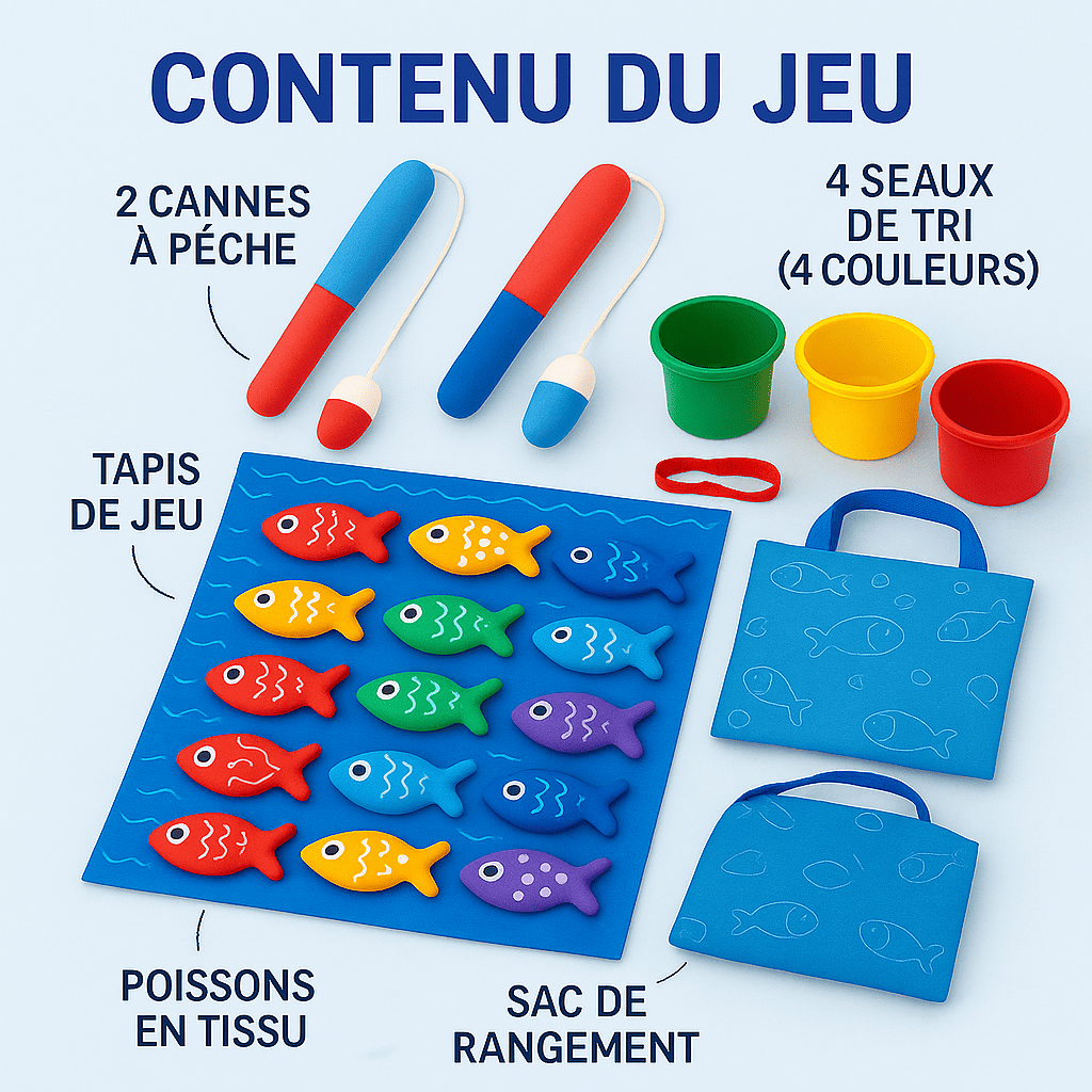 Contenu du jeu de pêche Montessori : 2 cannes à pêche aimantées, 4 seaux de tri colorés, tapis de jeu, poissons en tissu et sac de rangement — jouet éducatif idéal pour Noël favorisant la motricité et l’apprentissage des couleurs.