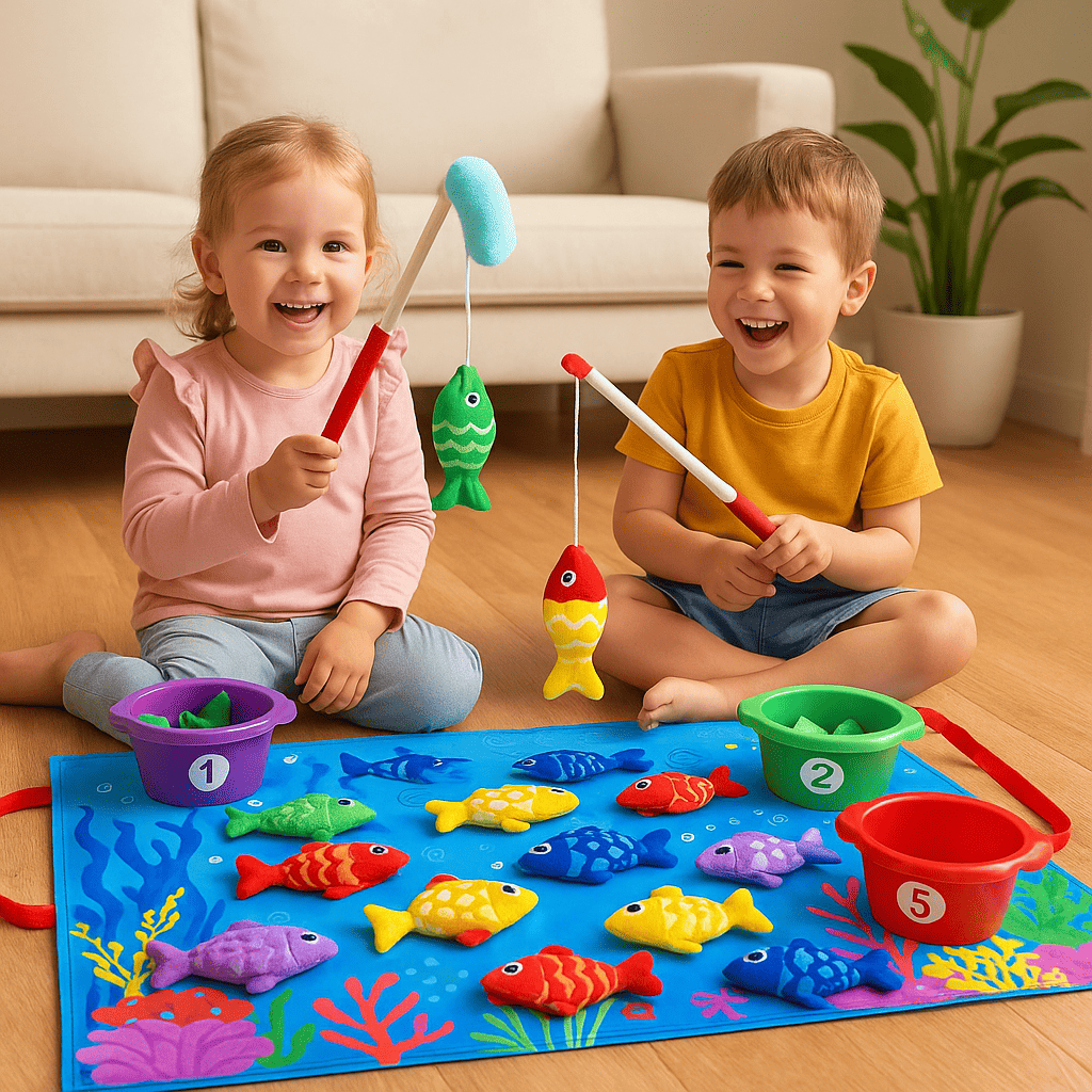 Deux enfants jouant ensemble au jeu de pêche magnétique Montessori coloré, un jouet éducatif idéal pour Noël favorisant la motricité, la concentration et l’apprentissage ludique.
