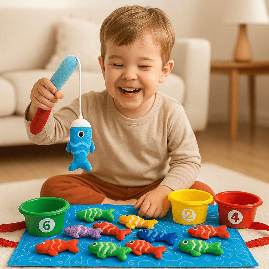 Enfant jouant au jeu de pêche magnétique Montessori avec des poissons colorés et des seaux de tri, développement de la motricité et de la concentration.