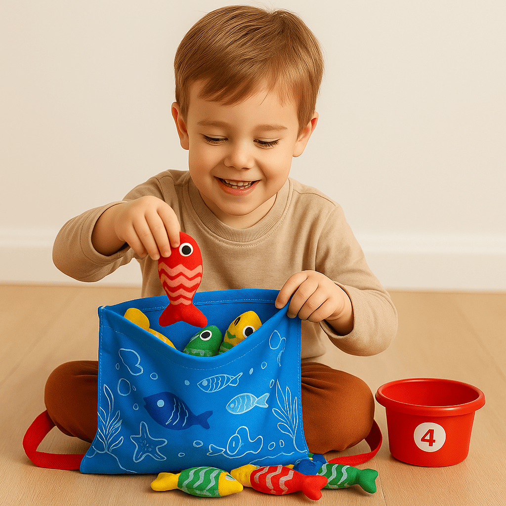 Enfant rangeant des poissons colorés dans un sac de rangement du jeu Montessori, un jouet éducatif idéal pour Noël favorisant l’autonomie, la motricité et l’apprentissage ludique.