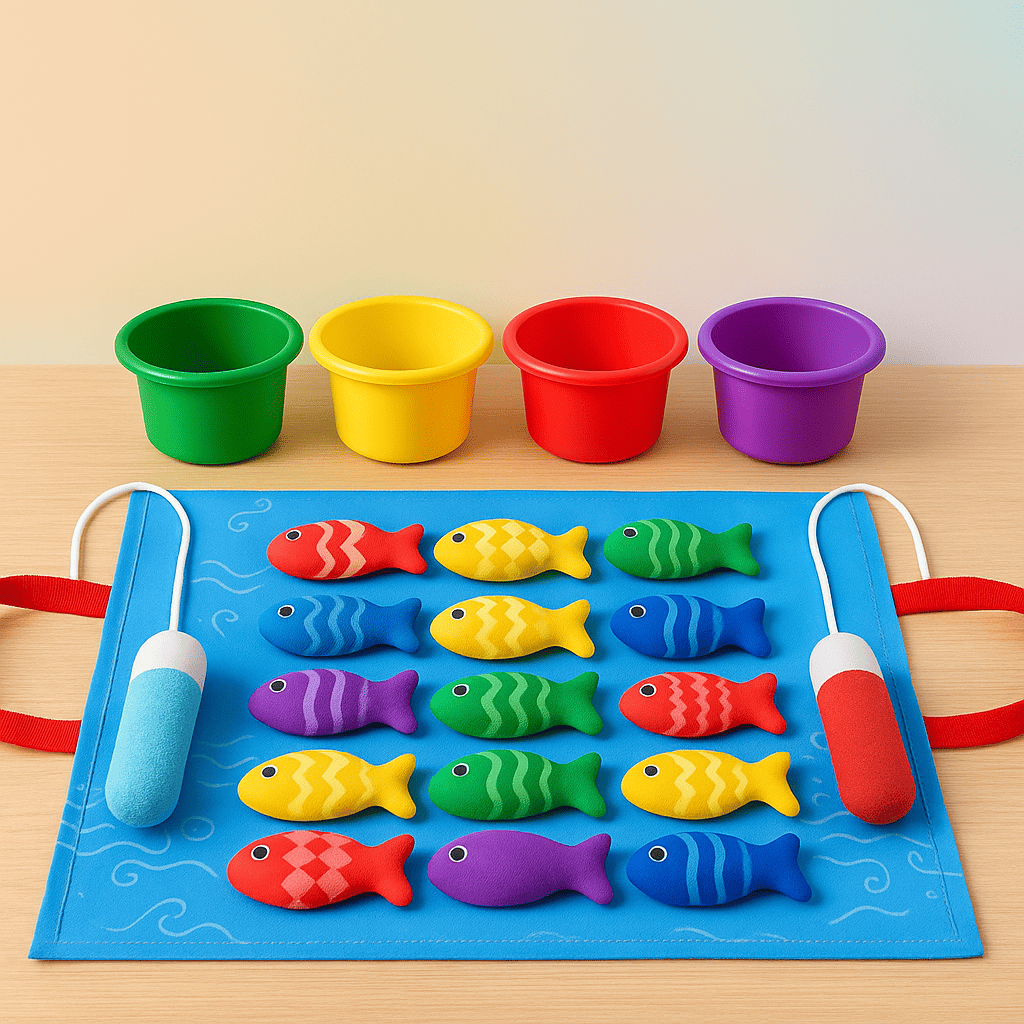 Jeu de pêche Montessori avec poissons colorés, seaux et cannes aimantées — jouet éducatif idéal pour Noël favorisant la motricité fine, l’apprentissage des couleurs et la coordination.