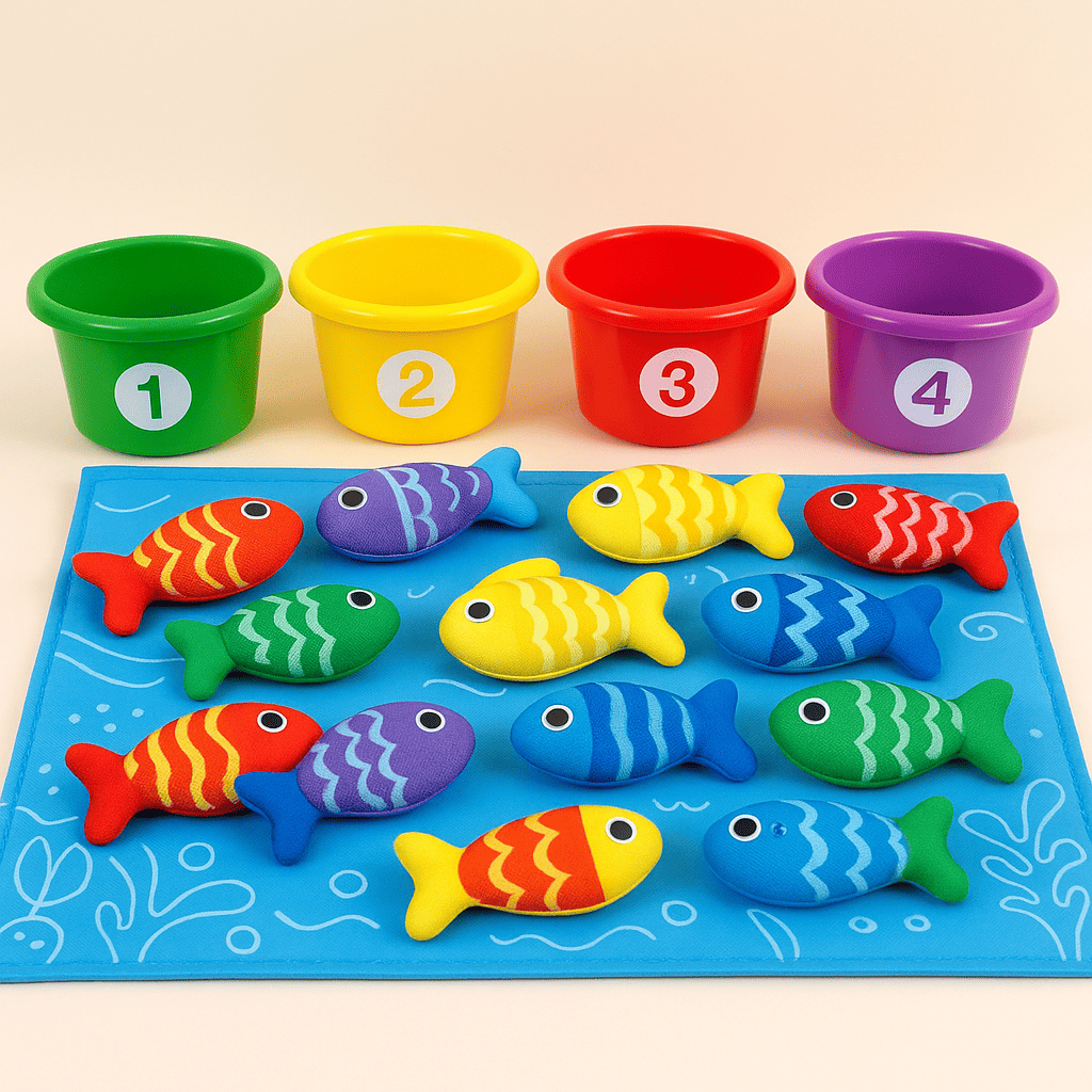 Jeu de pêche Montessori coloré avec poissons en tissu et seaux numérotés, un jouet éducatif parfait pour Noël favorisant l’apprentissage des couleurs, des chiffres et la motricité fine.
