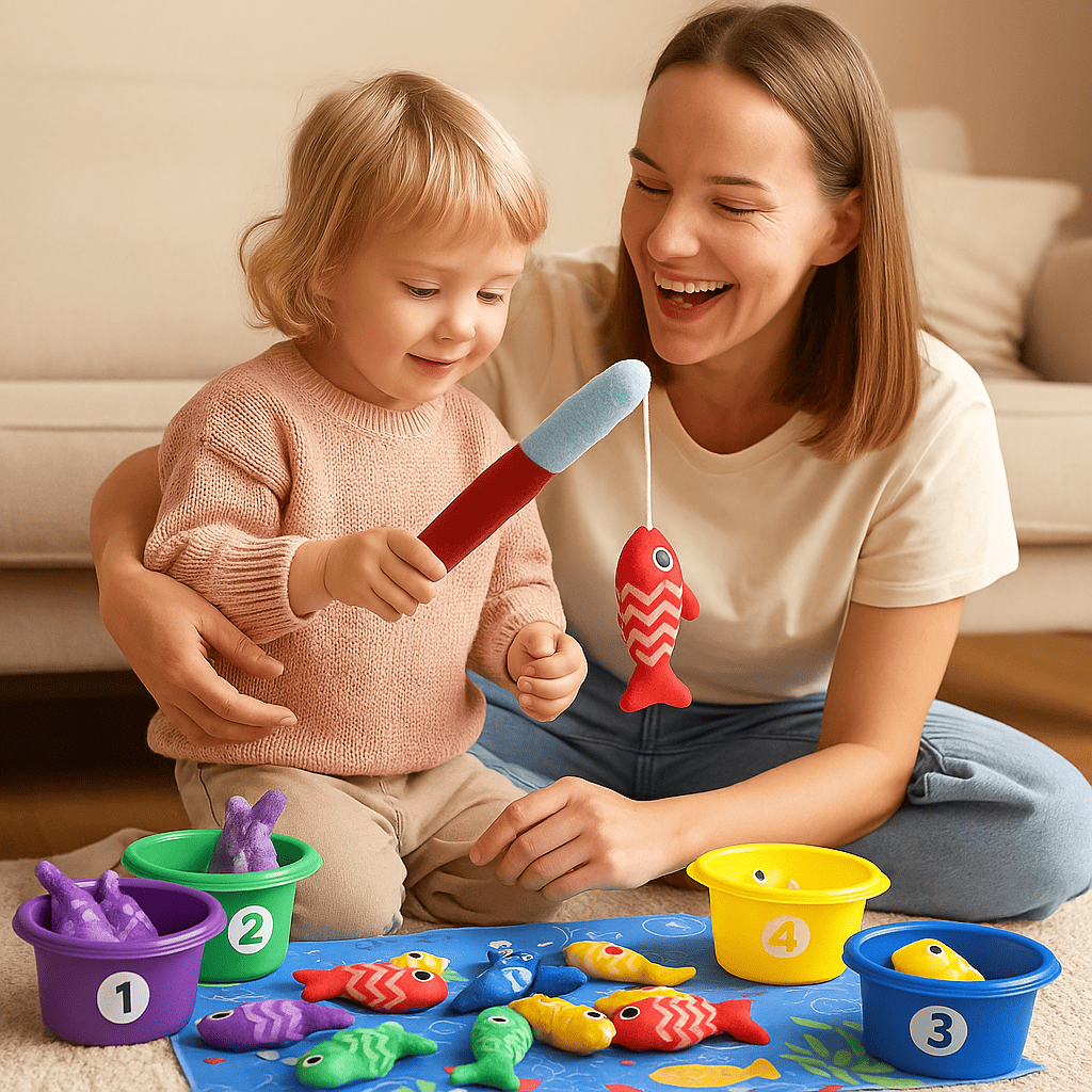 Maman et enfant jouant ensemble au jeu de pêche magnétique Montessori avec des poissons colorés, favorisant la motricité fine et la complicité parent-enfant.